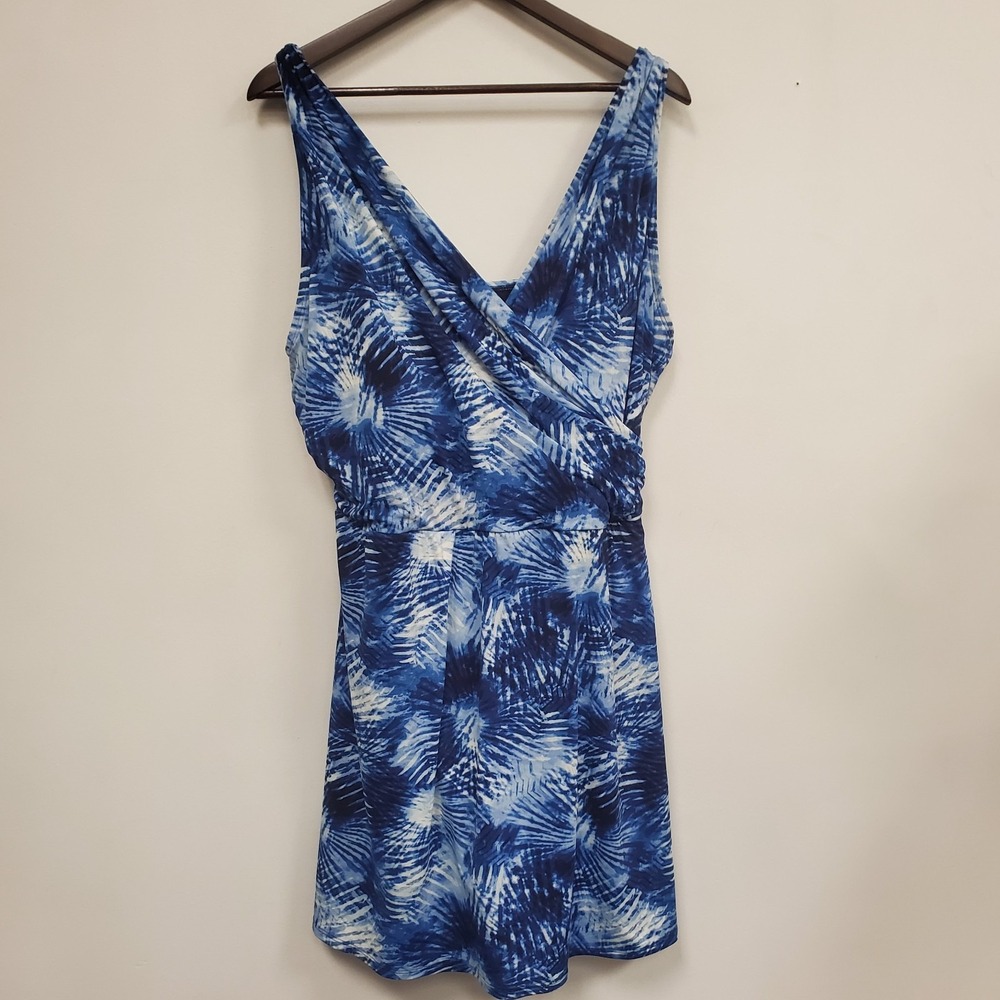 Lands End Womens Swim Dress Size 22W Long One Piece Faux Wrap Stretch Blue Ruch